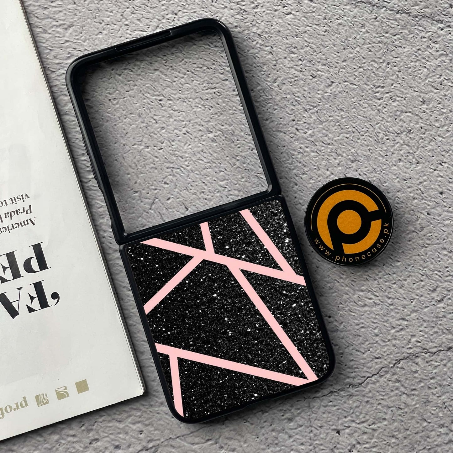 Xiaomi Mix Flip - Black Sparkle Glitter With Rose Gold Lines - Premium Metal Printed soft Bumper shock Proof Case CS-39170