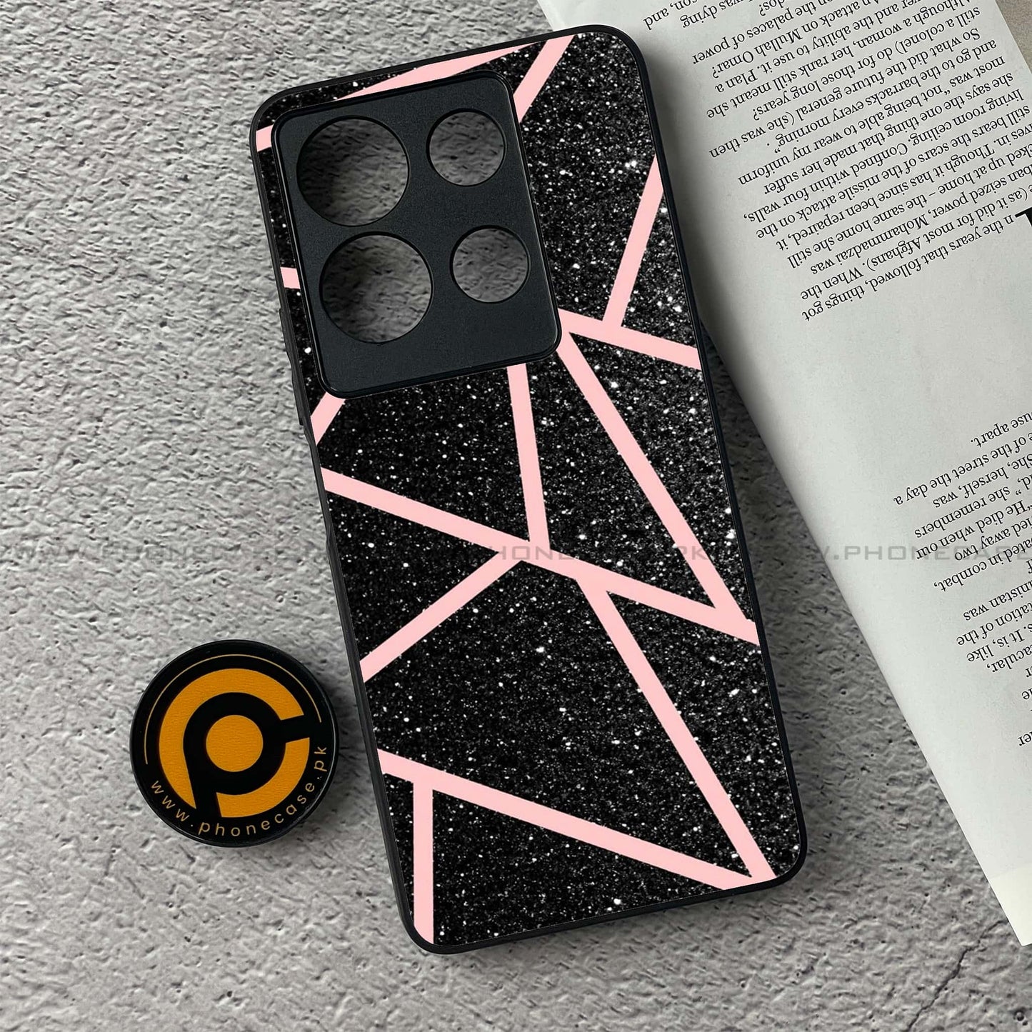 Infinix Note 30 - Black Sparkle Glitter With RoseGold Lines - Premium Printed Glass soft Bumper shock Proof Case CS-37308