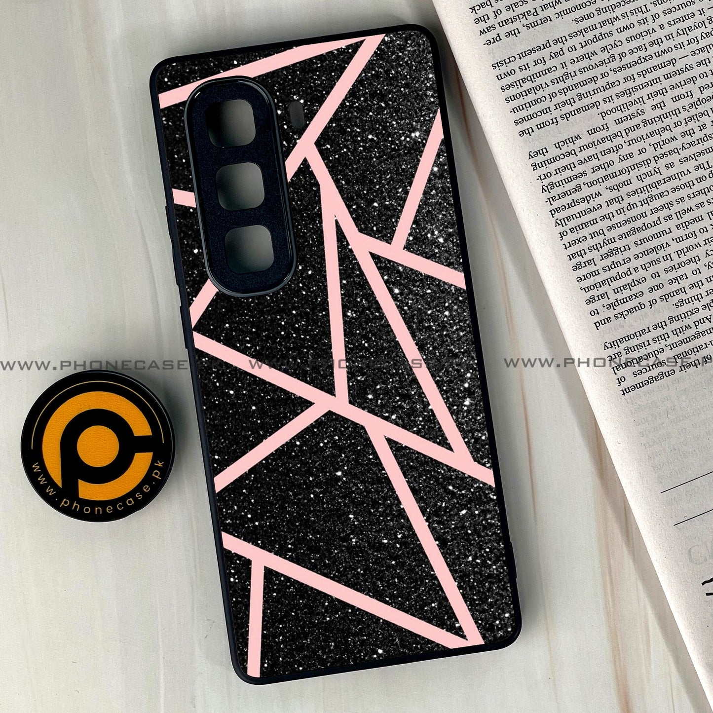 Infinix Hot 50 Pro Plus - Black Sparkle Glitter With RoseGold Lines - Premium Metal Printed soft Bumper shock Proof Case CS-38710