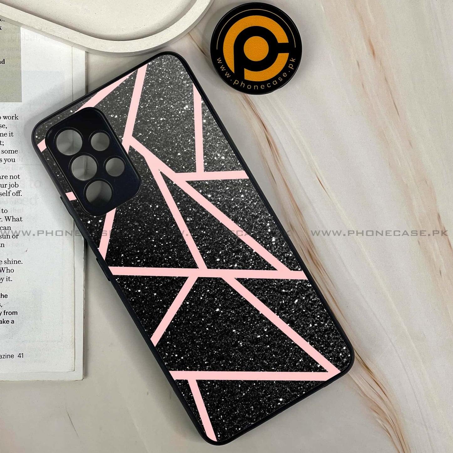 Samsung Galaxy A32 - Black Sparkle Glitter With RoseGold Lines - Premium Printed Glass soft Bumper shock Proof Case CS-37321