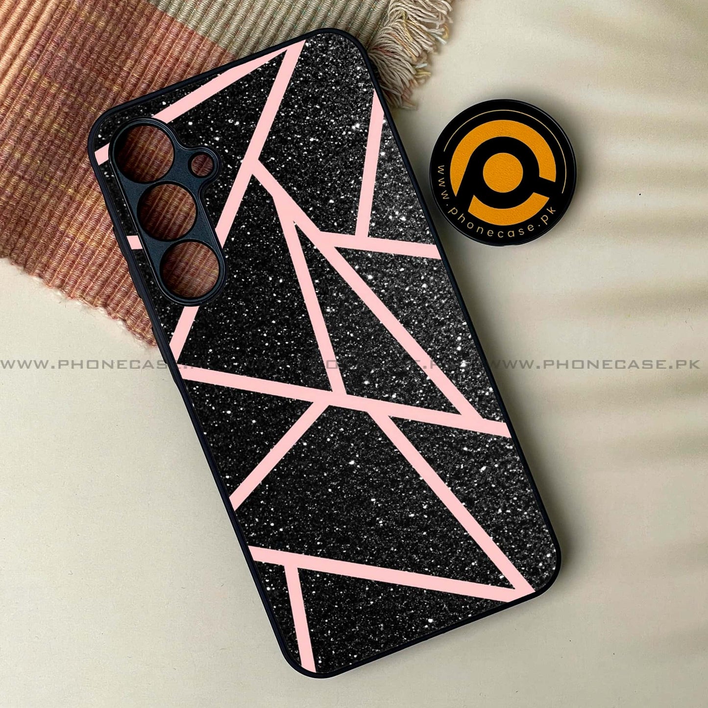 Samsung Galaxy A15 - Black Sparkle Glitter With RoseGold Lines - Premium Metal Printed soft Bumper shock Proof Case CS-38772
