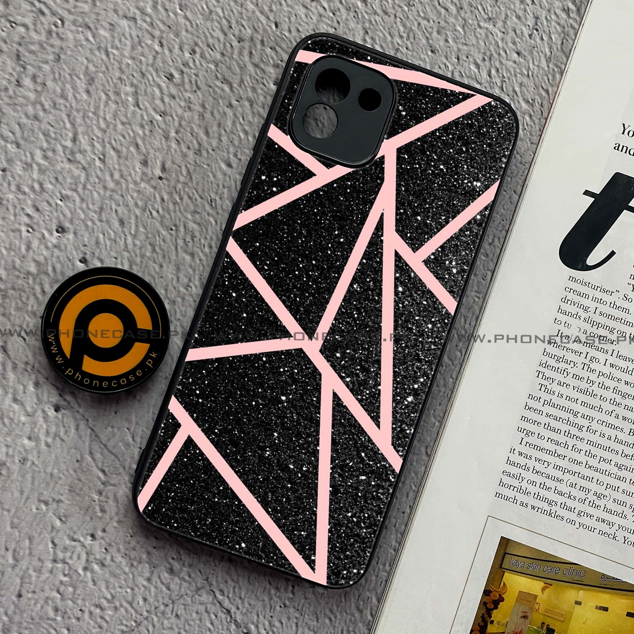 Samsung Galaxy A03 - Black Sparkle Glitter With RoseGold Lines -  Premium Printed Metal soft Bumper shock Proof Case CS-39195